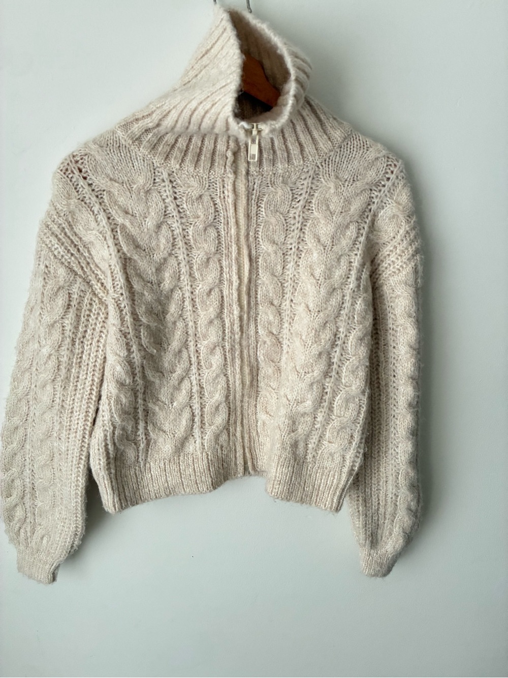 Heartloom Sweater Women’s XS Ivory Cable Knit Zip Mock Neck Cropped Cardigan